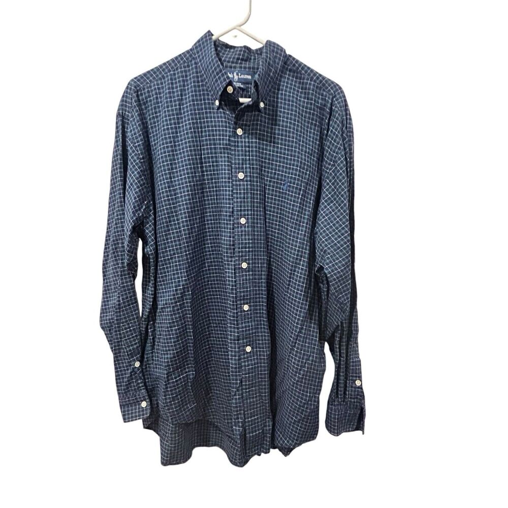 Ralph Lauren Shirt Blake Men’s Large Navy Blue Green Plaid Long Sleeve Button Up